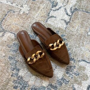 Brown Suede Mules with Gold Hardware